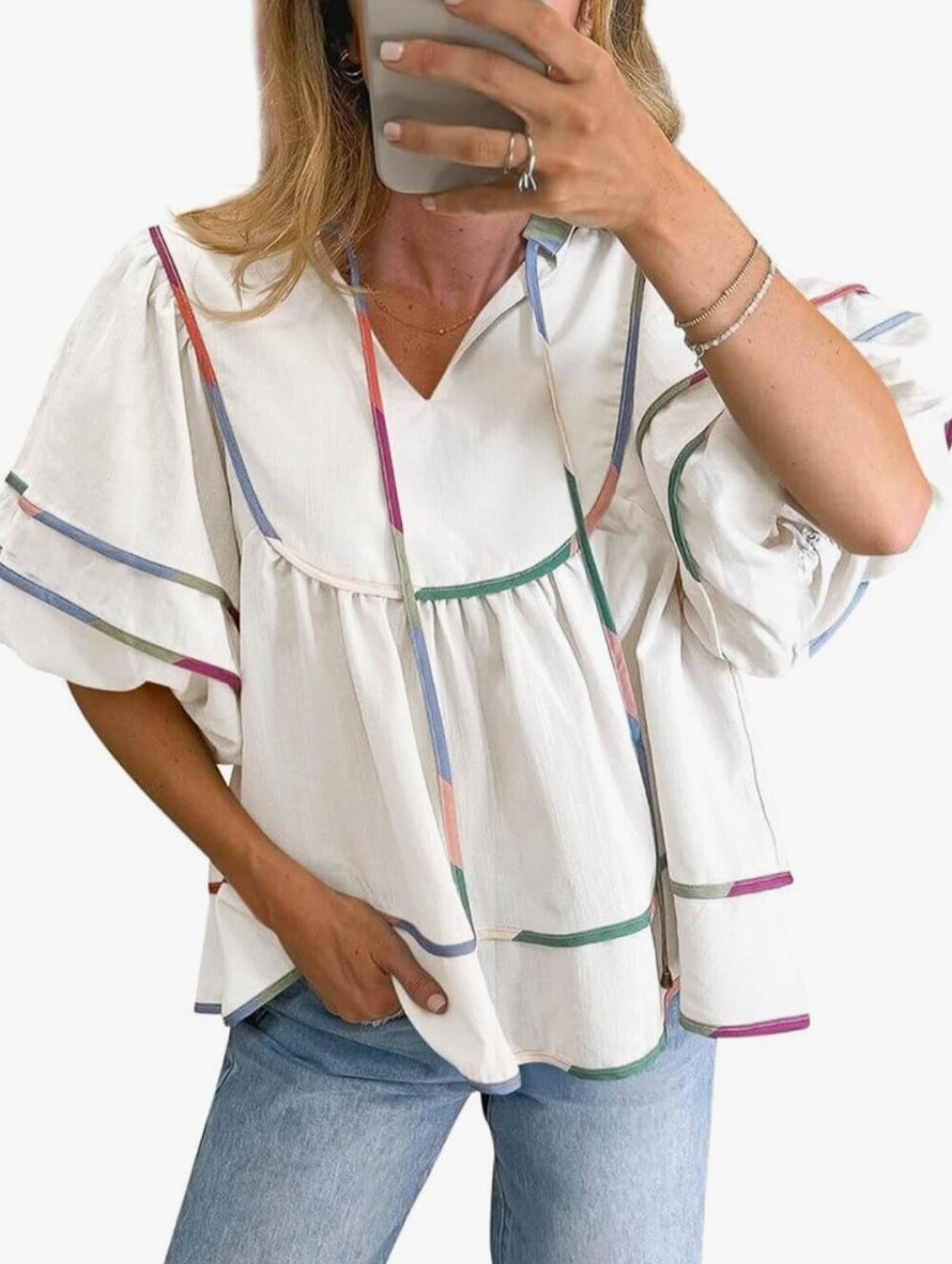 Women's White Peasant Blouse with Multicolor Trim